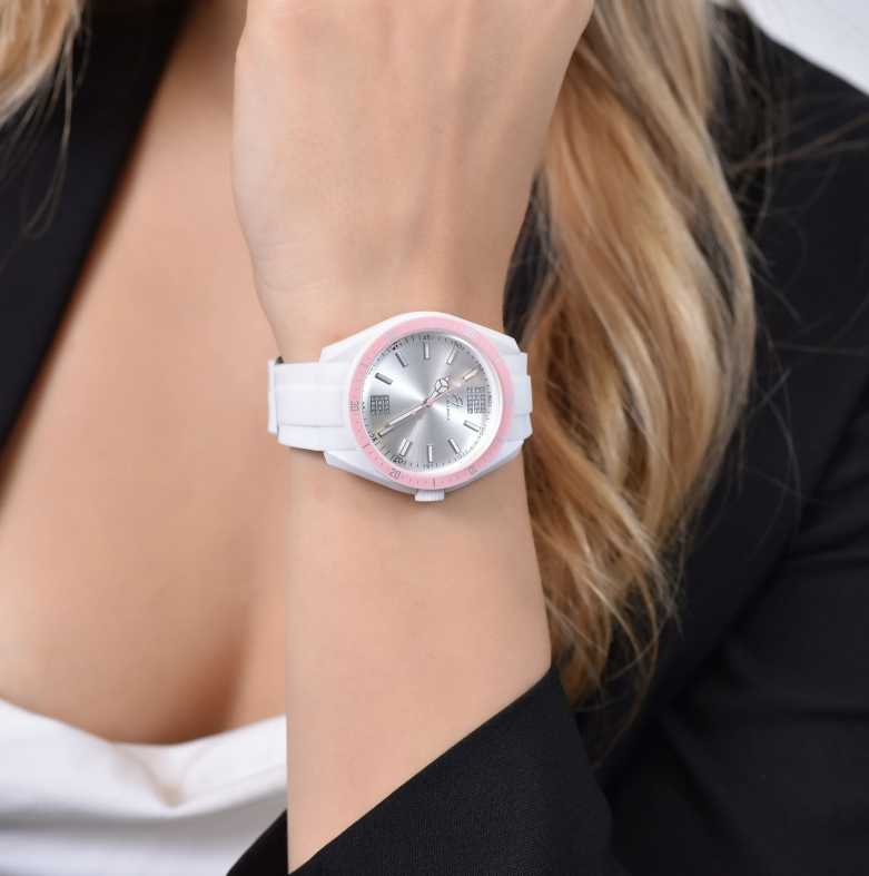 Orologio Luca Barra Cinturino Silicone Bianco Quadrante Argento Lunetta Rosa Solo Tempo _BW368