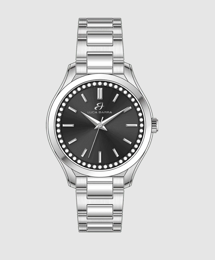 Orologio Luca Barra Donna Acciaio Argento Quadrante Nero Cristalli Tempo _BW371