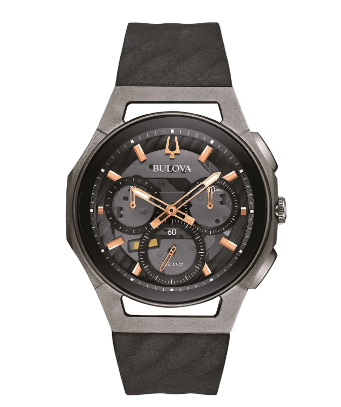 Orologio Bulova Uomo Acciaio Cronografo Curv Cinturino Caucciu Nero _98A162