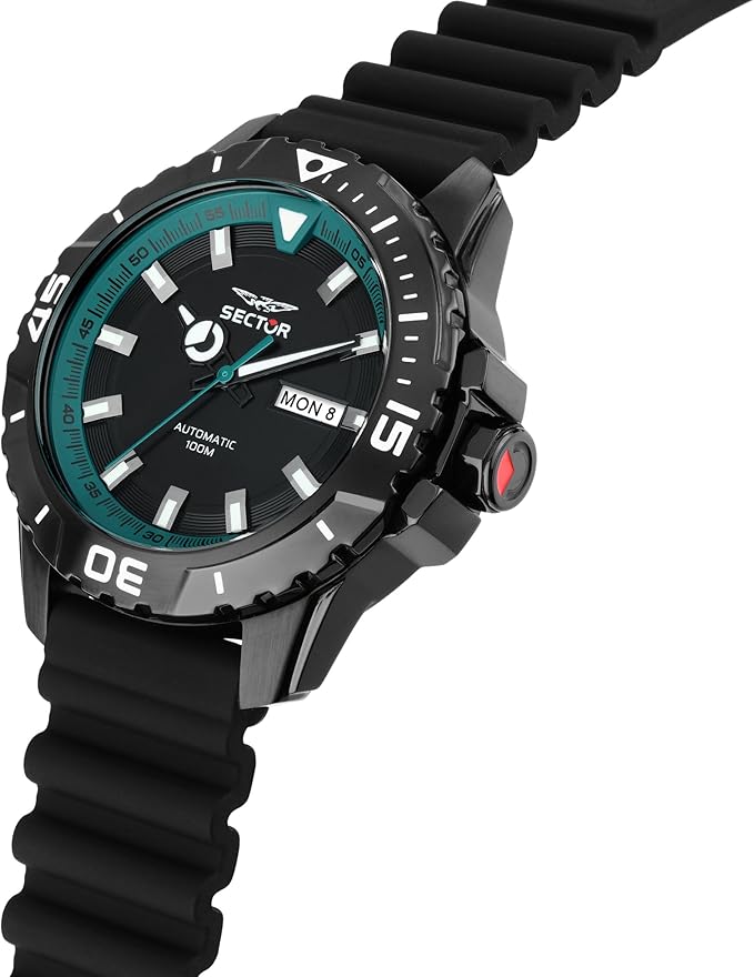 Orologio Uomo Sector Automatico Due Cinturini Silicone Nero e Petrolio Giorno e Data _R3221135004
