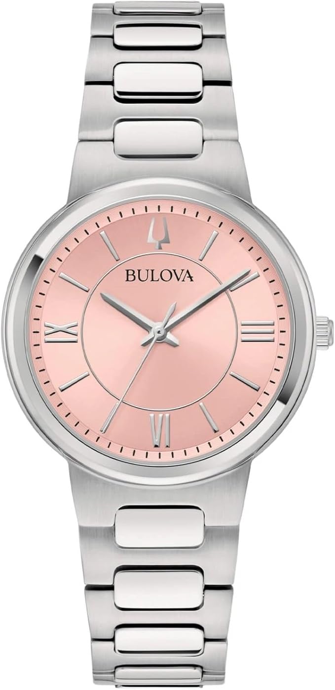 Bulova Damenuhr aus silbernem Stahl mit rosa Zifferblatt _96L335