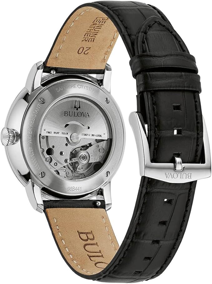 Orologio Bulova Uomo Acciaio Automatico Quadrante Nero Cinturino Pelle Motivo scacchiera _96B441
