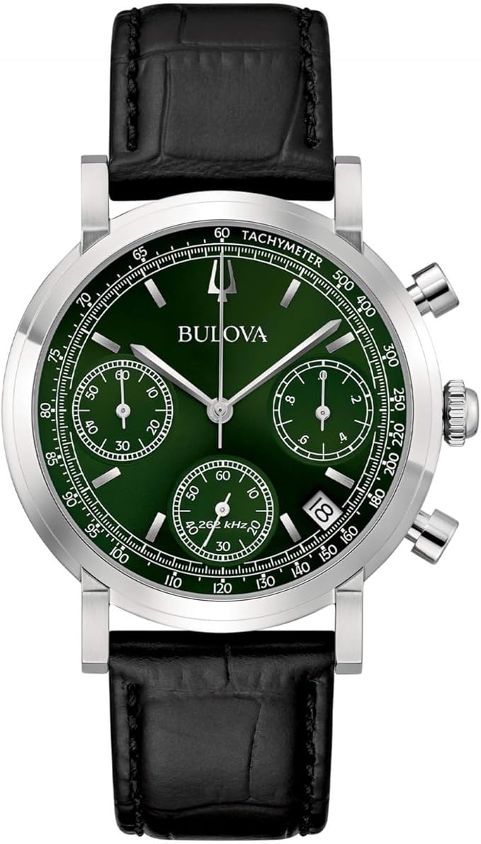 Orologio Bulova Uomo Cinturino Pelle Nera Quadrante Verde Cronografo _96B457