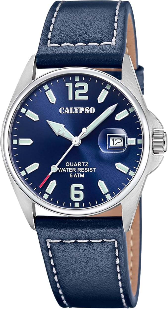 Orologio CALYPSO Uomo Analogico Cinturino Pelle Blu Cassa Acciaio Indicatore Data _K5870-3