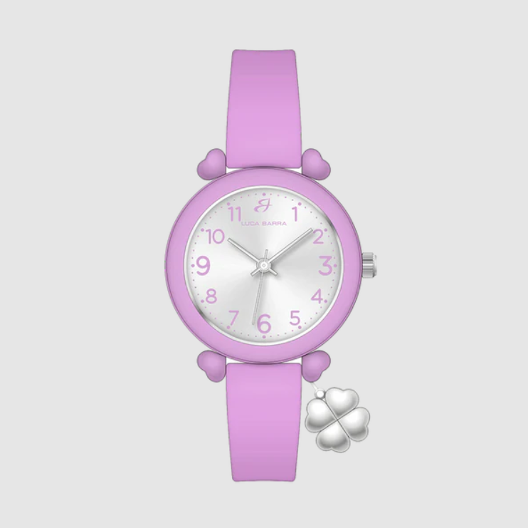 Orologio Luca Barra Ragazza Donna Cinturino Silicone Lilla Ciondolo Quadrifoglio _BW395