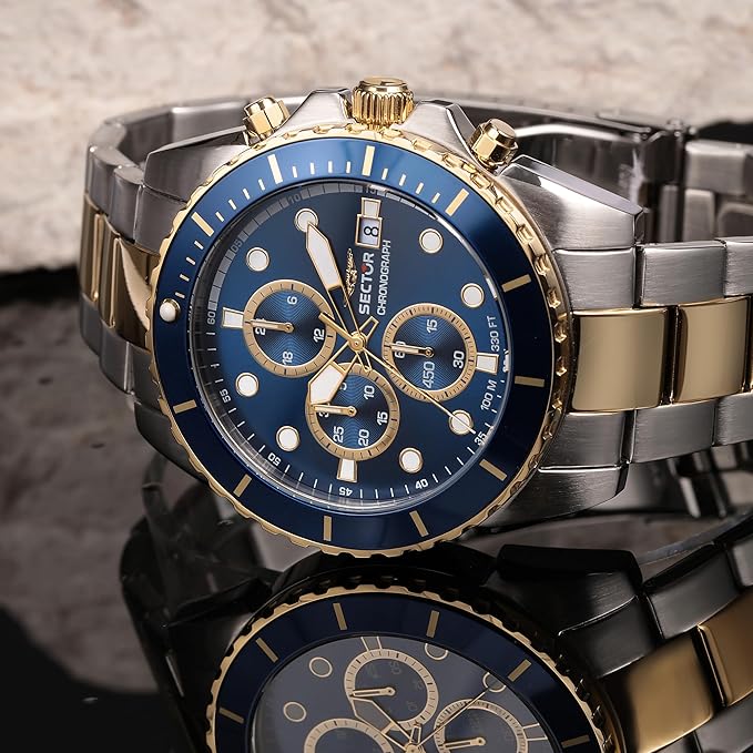 Orologio Sector Uomo Acciaio Argento e Oro Lunetta e Quadrante Blu Cronografo _R3273776001
