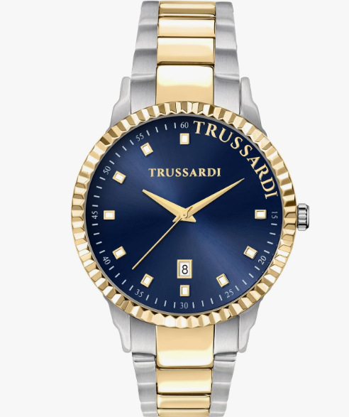 Orologio Trussardi Uomo Acciaio Tempo e Data Acciaio Argento e Oro Quadr. Blu _R2453141001