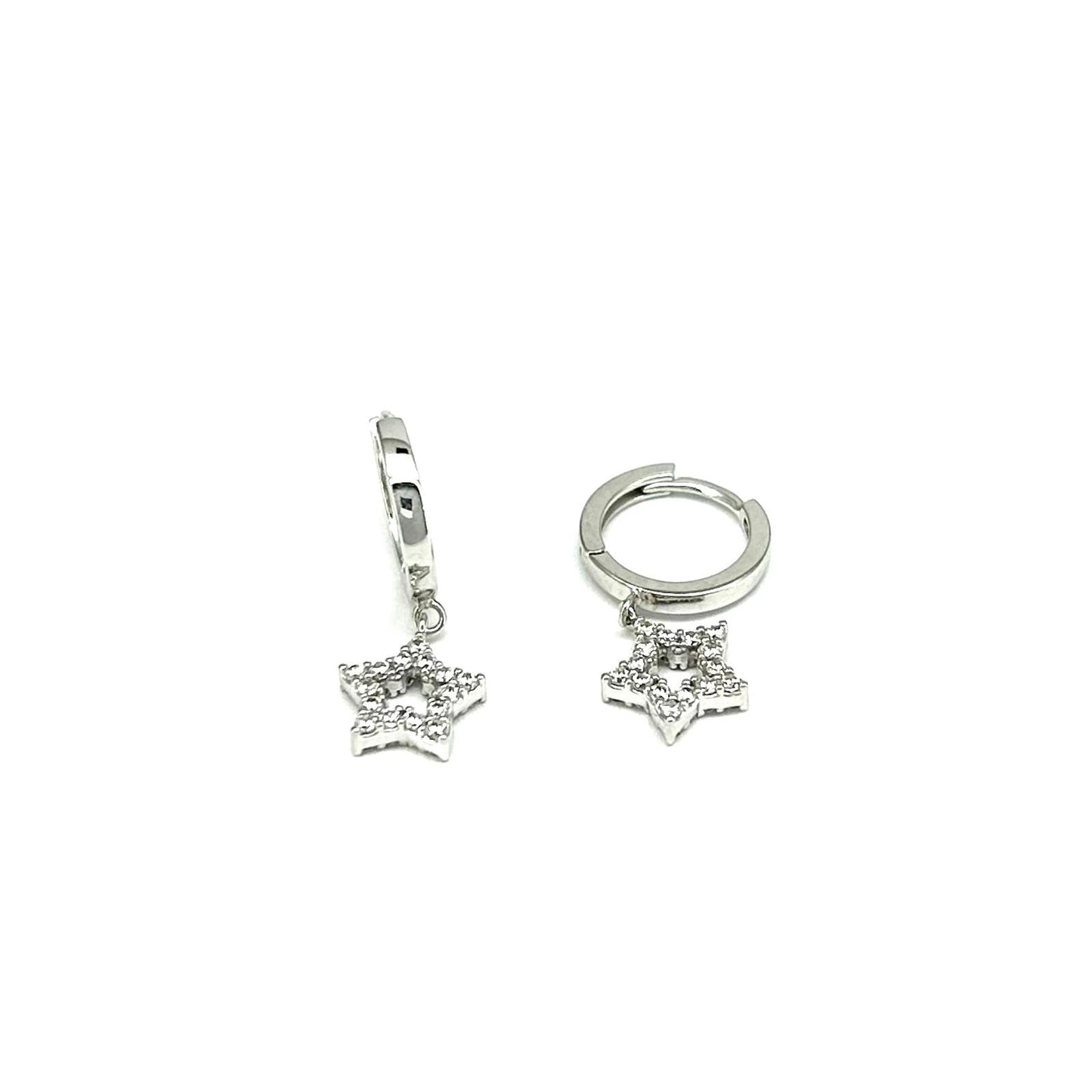 Orecchini Donna Oro Bianco Cerchio 12 mm Con pendete Stella Zirconi _CR032