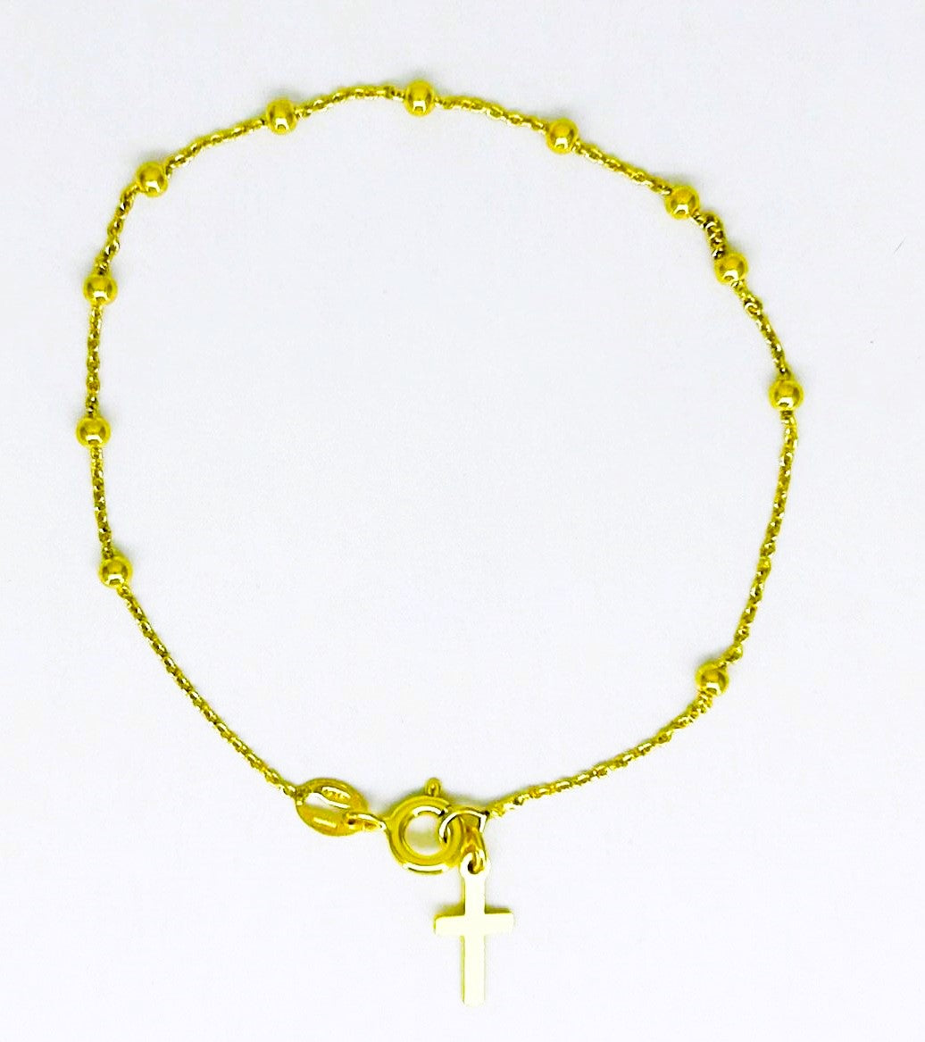 Braccialetto Donna in Argento Placcato Oro Catenina Rolò e Grani Lucidi Croce BA001