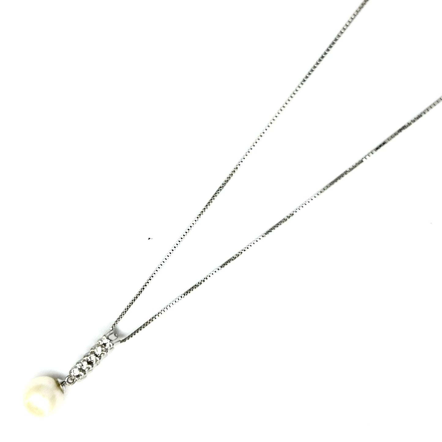 Collana Donna Oro Bianco 18 KT Ciondolo Zirconi Perla Coltivata Pendente _CL022