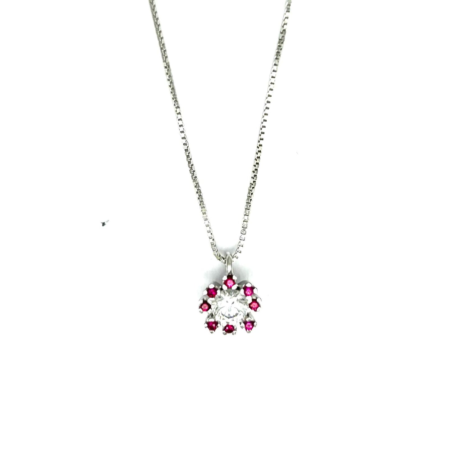 Collana Donna Oro Bianco 18 kt Ciondolo Zirconi e Rubino Sintetico _CL027