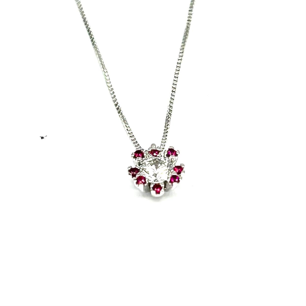 Collana Donna Oro Bianco 18 kt Ciondolo Zirconi e Rubino Sintetico _CL027