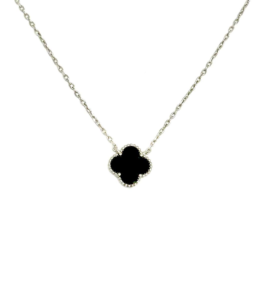 Vancleef Damen-Halskette aus 925er Silber mit schwarzem vierblättrigem Kleeblatt _LSC21