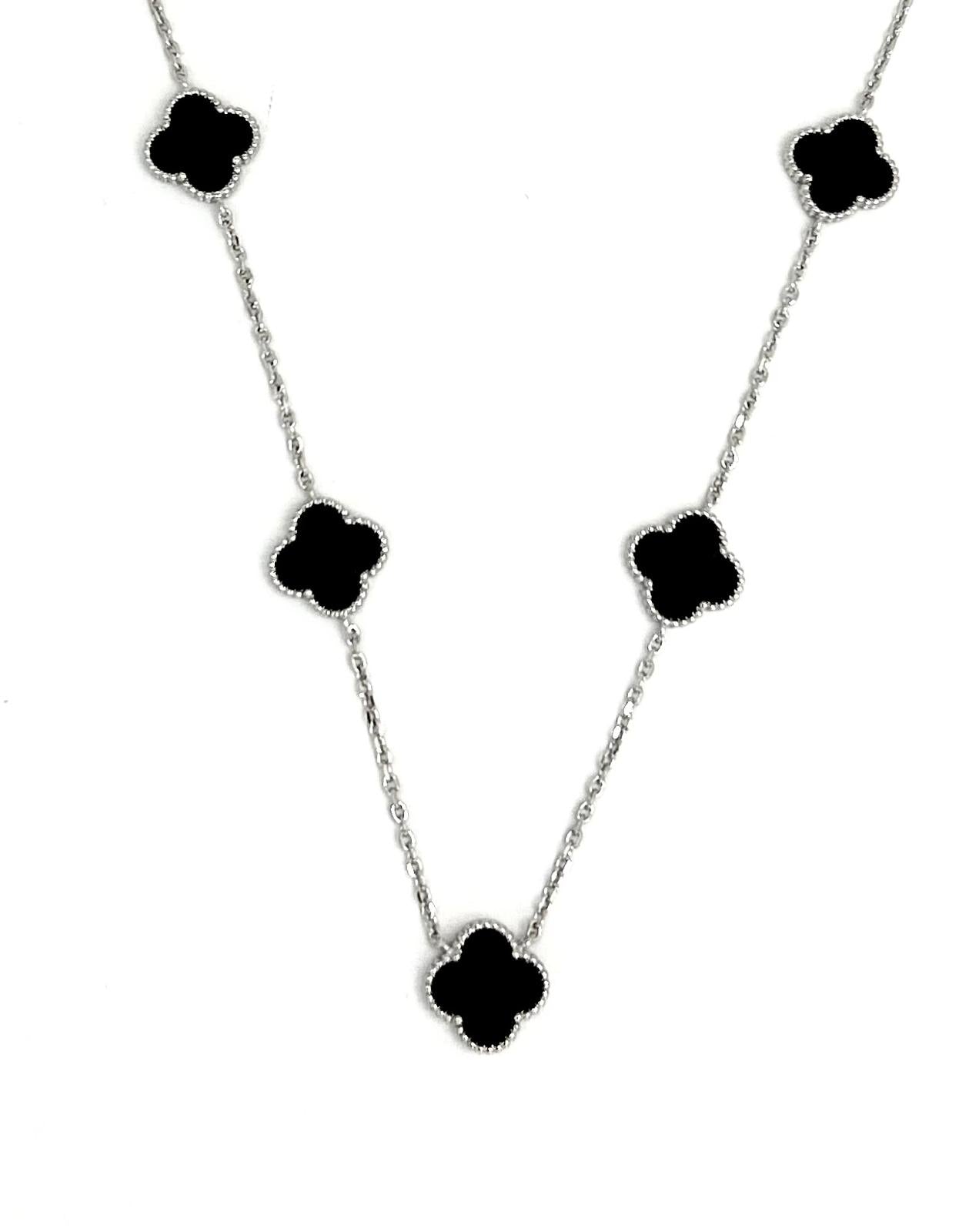 Vancleef Damen-Halskette aus 925er Silber mit 5 schwarzen vierblättrigen Kleeblättern _LSC27