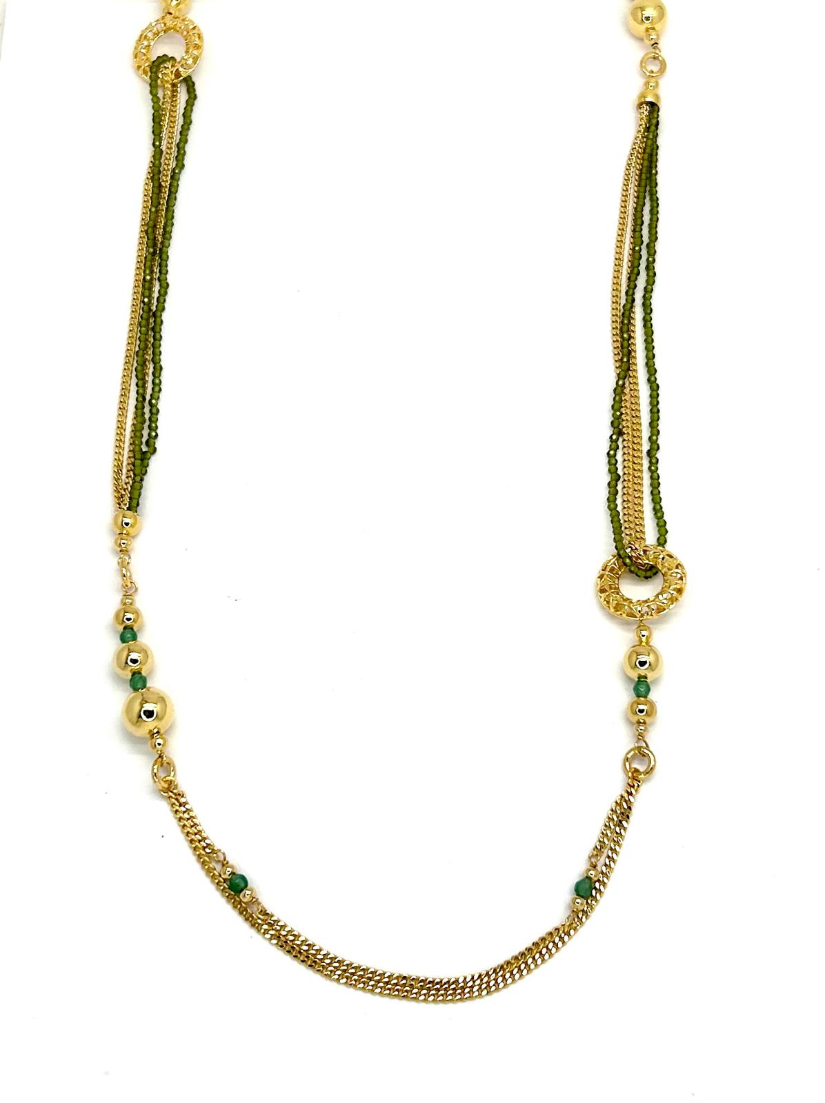 Collana Lunga Ungari Donna Bronzo Sfere Elemento Circolare e Perline Verdi Firenze _CL043