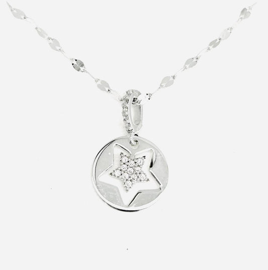 Collana Donna Oro Bianco 18 Kt Pendete Stella Zirconi _CL001