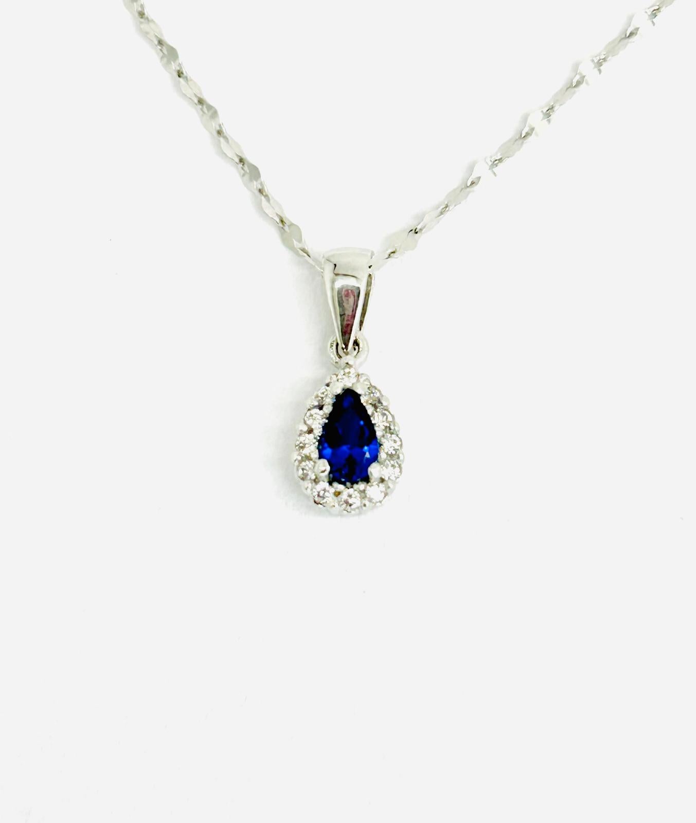 Collana Donna Oro Bianco 18 Zaffiro Goccia Zirconi Bianchi _CL009