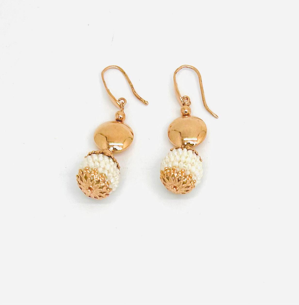 Orecchini Ungari Donna Bronzo Pendente Sfera Perline Bianche PRE _OR011