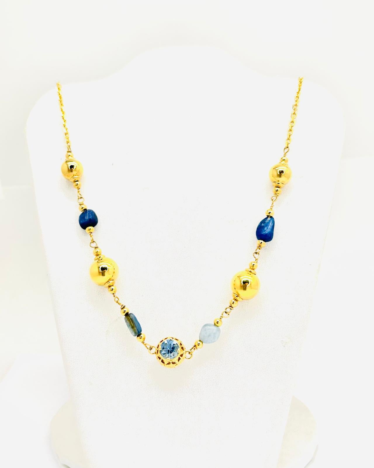 Collana Ungari Donna Bronzo Sfere Dorate e Pietre Azzurre Diamanti _CL018