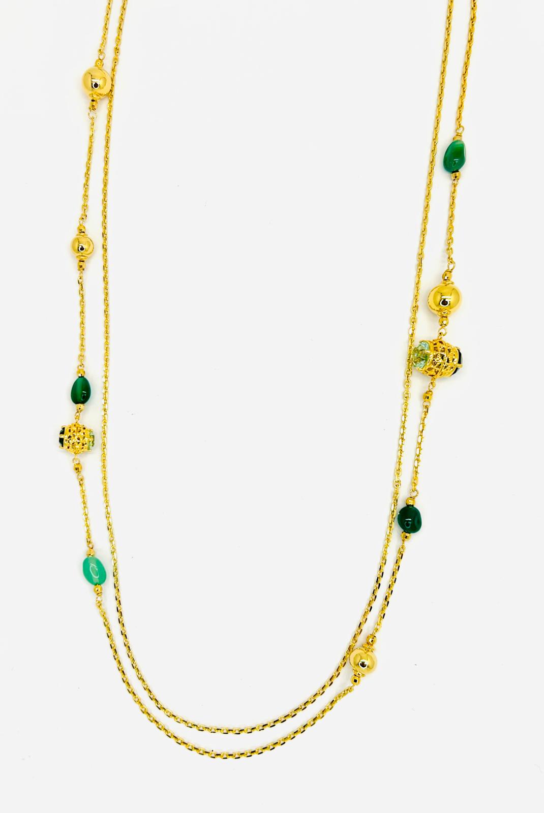 Collana Lunga Ungari Donna Bronzo Sfere Dorate e Pietre Verdi _CL006