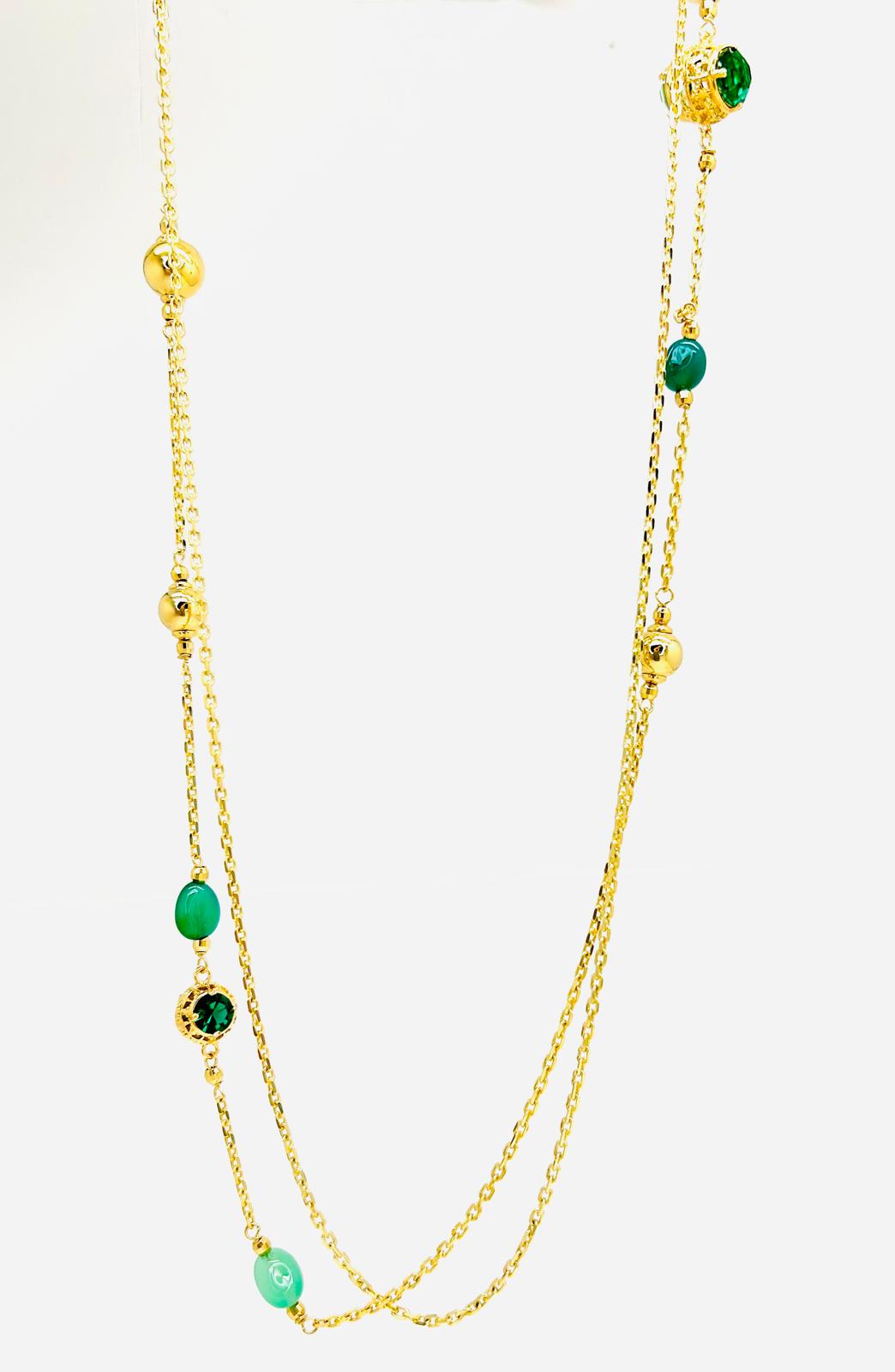 Collana Lunga Ungari Donna Bronzo Sfere Dorate e Pietre Verdi _CL006