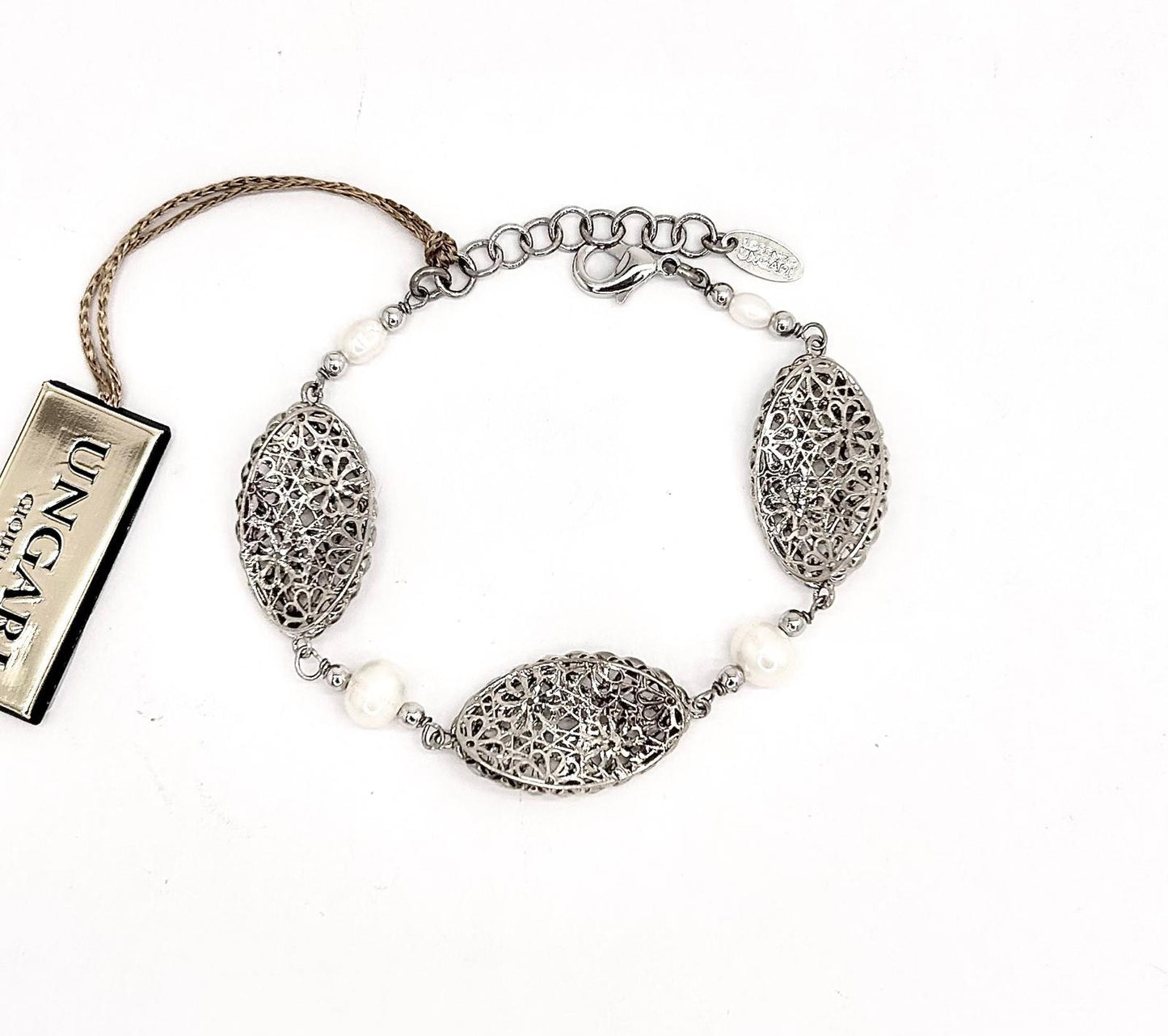 Bracciale Ungari Bronzo Donna Argentato Ovali Floreali e Perle Alternate LE FATE _BR011