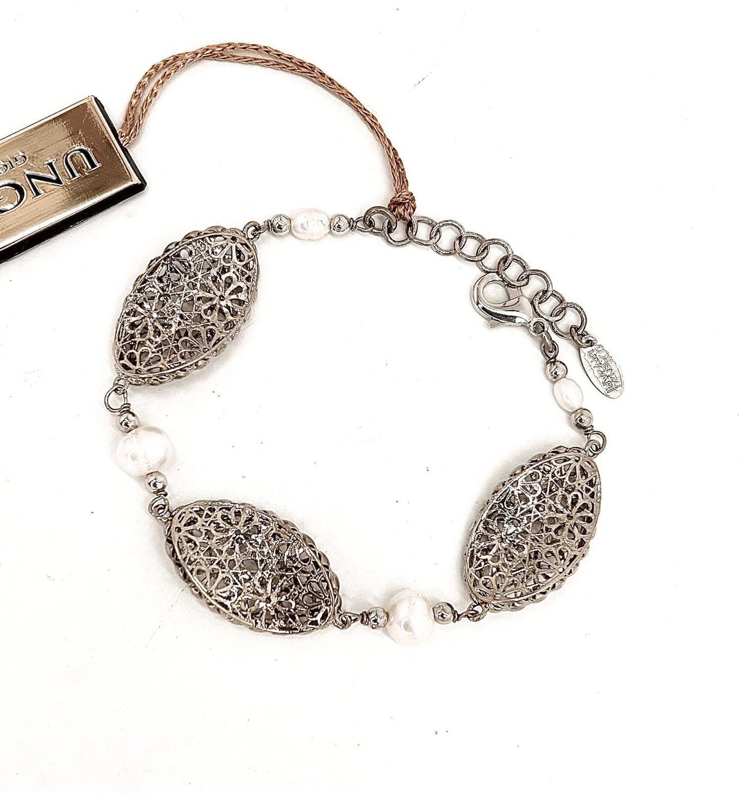 Bracciale Ungari Bronzo Donna Argentato Ovali Floreali e Perle Alternate LE FATE _BR011