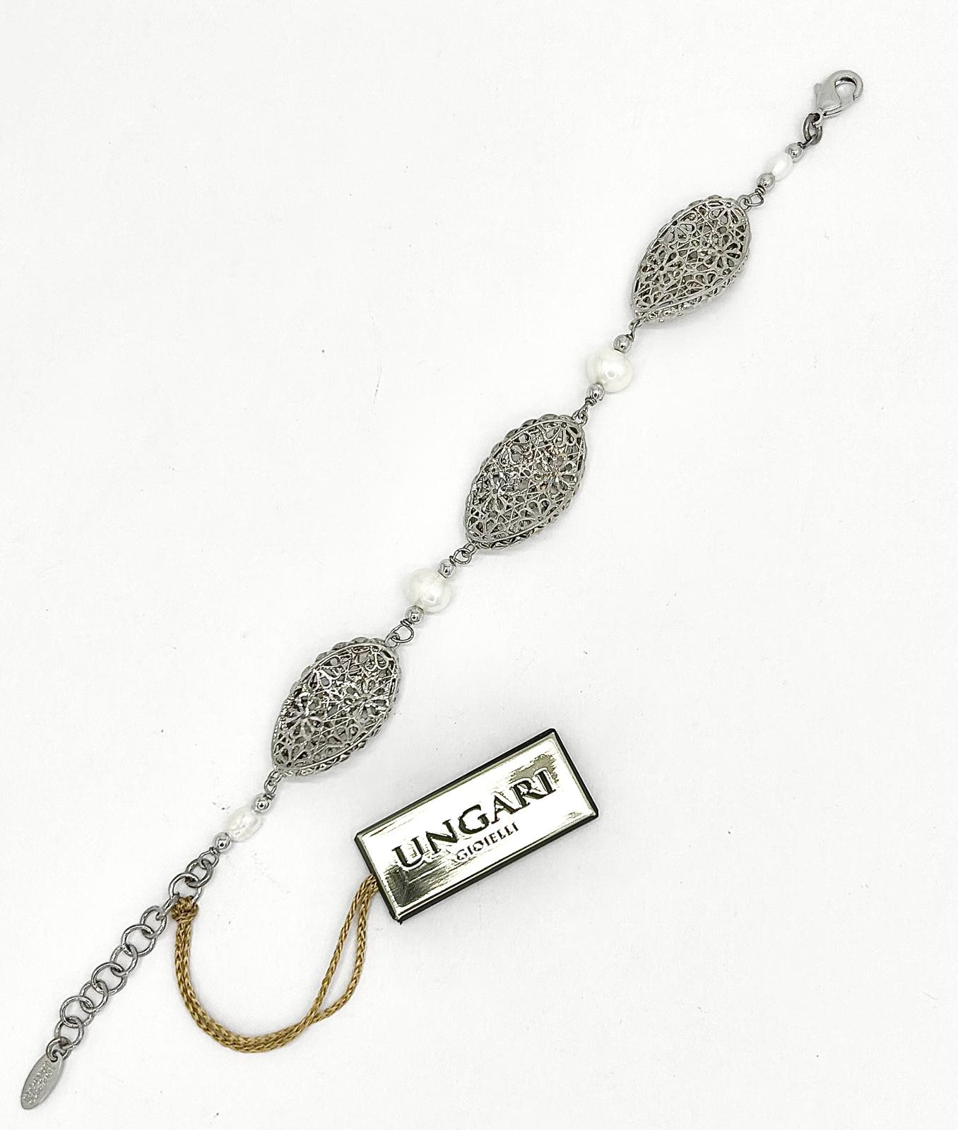 Bracciale Ungari Bronzo Donna Argentato Ovali Floreali e Perle Alternate LE FATE _BR011