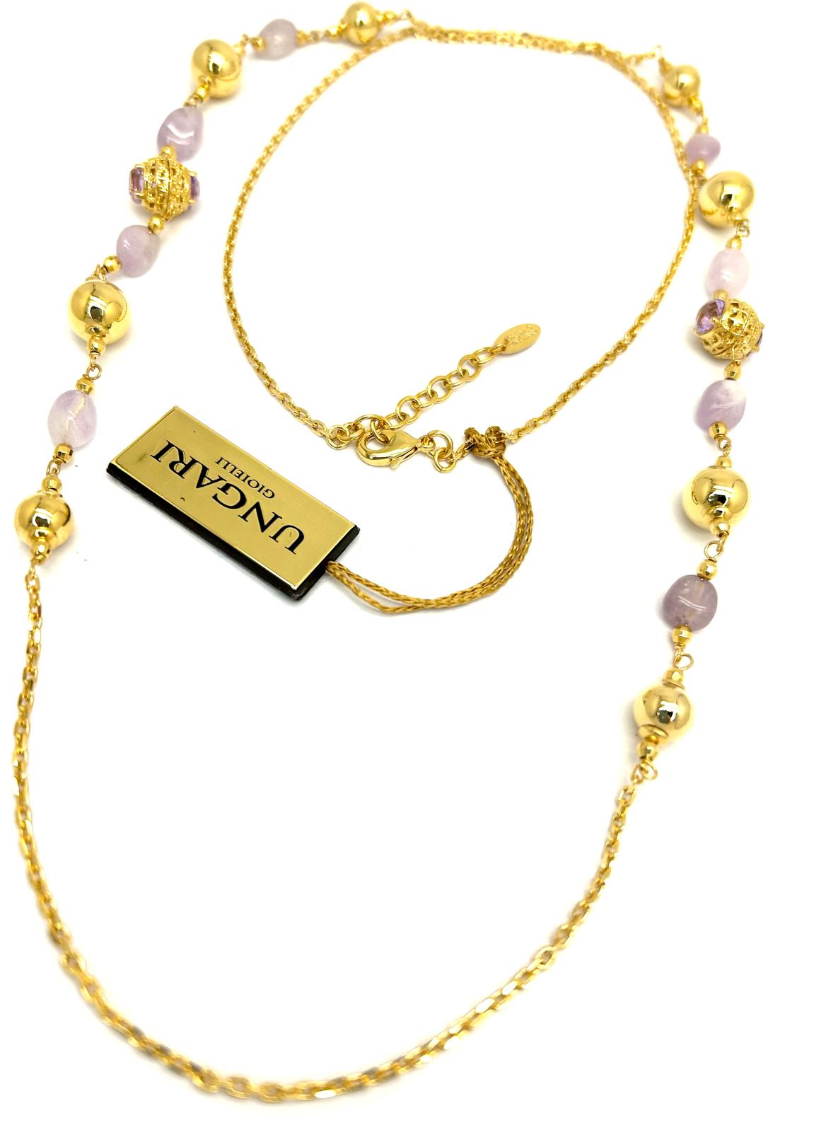 Collana Lunga Ungari Donna Bronzo Sfere Dorate e Pietre Lilla _CL022