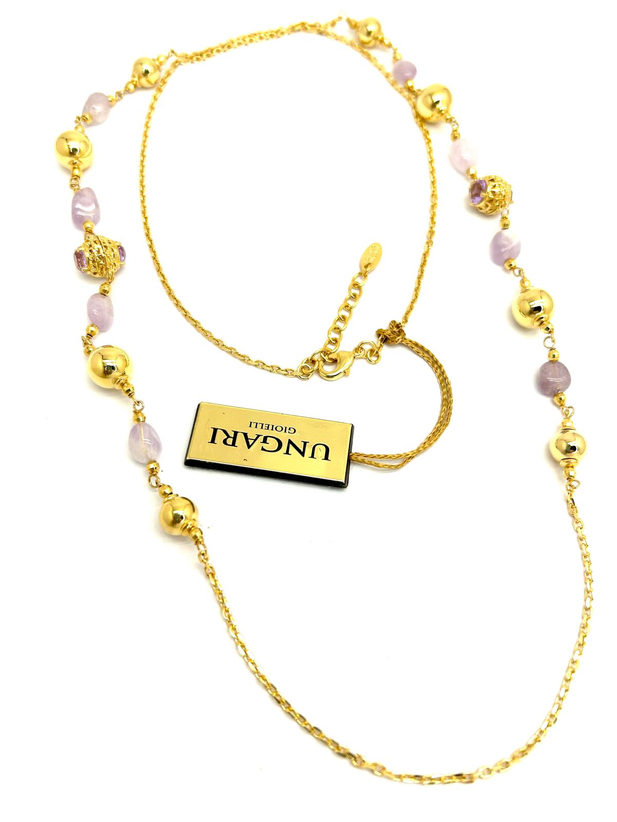 Collana Lunga Ungari Donna Bronzo Sfere Dorate e Pietre Lilla _CL022