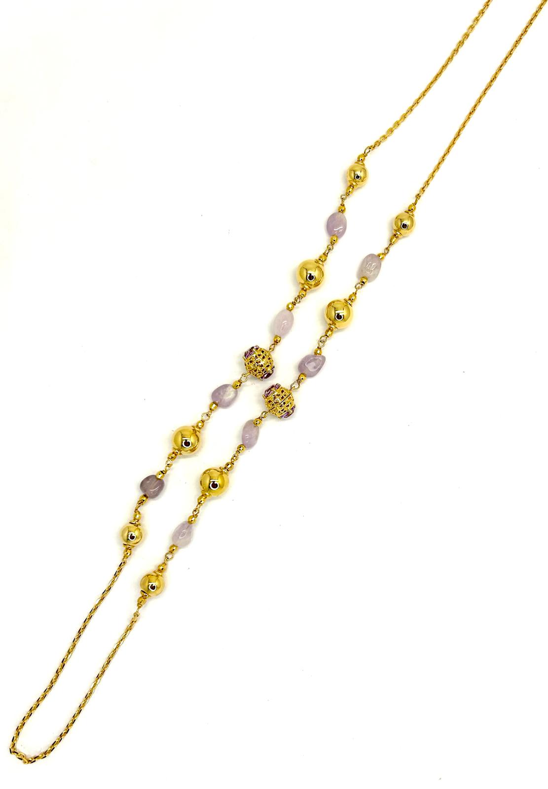 Collana Lunga Ungari Donna Bronzo Sfere Dorate e Pietre Lilla _CL022