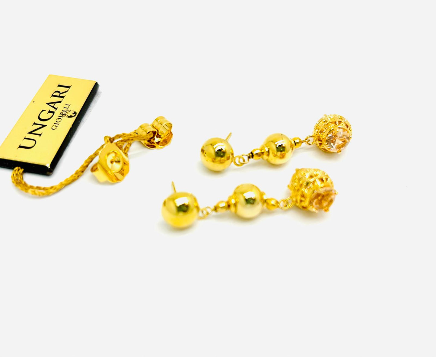 Orecchini Ungari Donna Bronzo Pendenti Sfere E Pietra Color. Pesca _ OR004