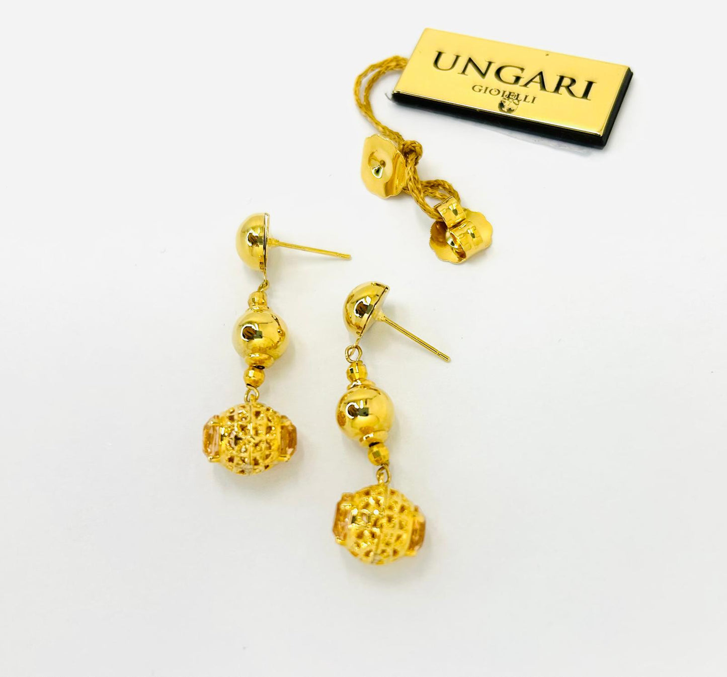 Orecchini Ungari Donna Bronzo Pendenti Sfere E Pietra Color. Pesca _ OR004