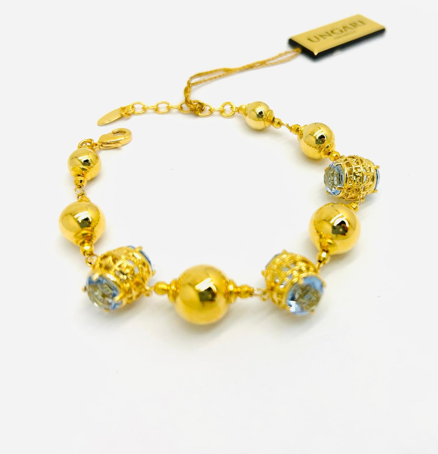 Bracciale Ungari Bronzo Donna Sfere Dorate e Pietre Azzurre _BR007