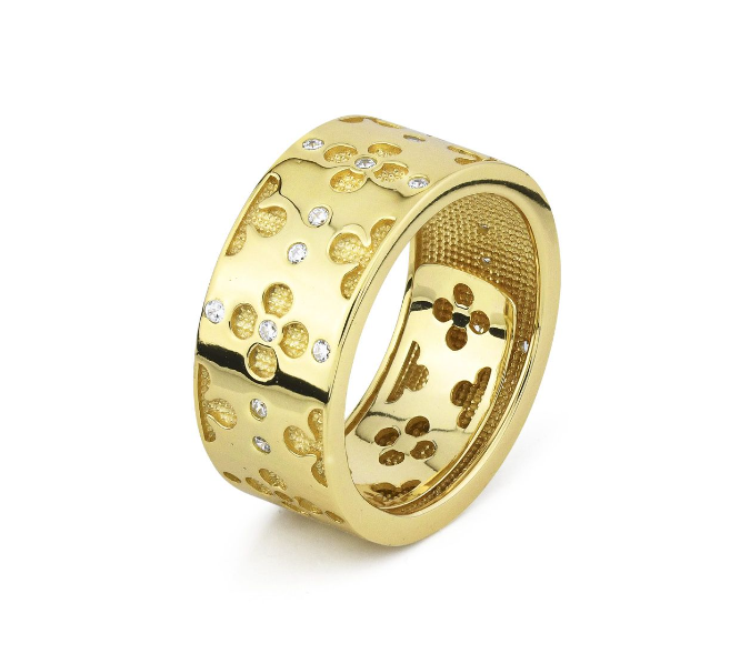 Anello Regolabile Boccadamo Donna Bronzo Fascia Grande Motivo Floreale Zirconi _XAN210DG