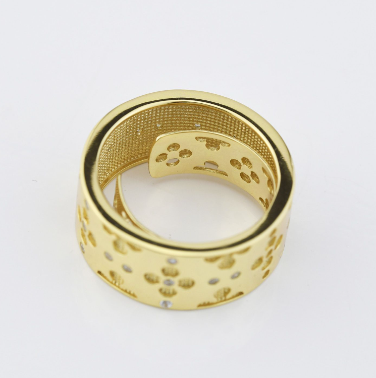 Anello Regolabile Boccadamo Donna Bronzo Fascia Grande Motivo Floreale Zirconi _XAN210DG
