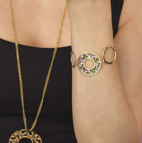Boccadamo Damen-Armband, Bronze, Kreise, Gelbgold, plattiert, grüner Erinit und helle Amethyst-Kristalle, _XB1021D