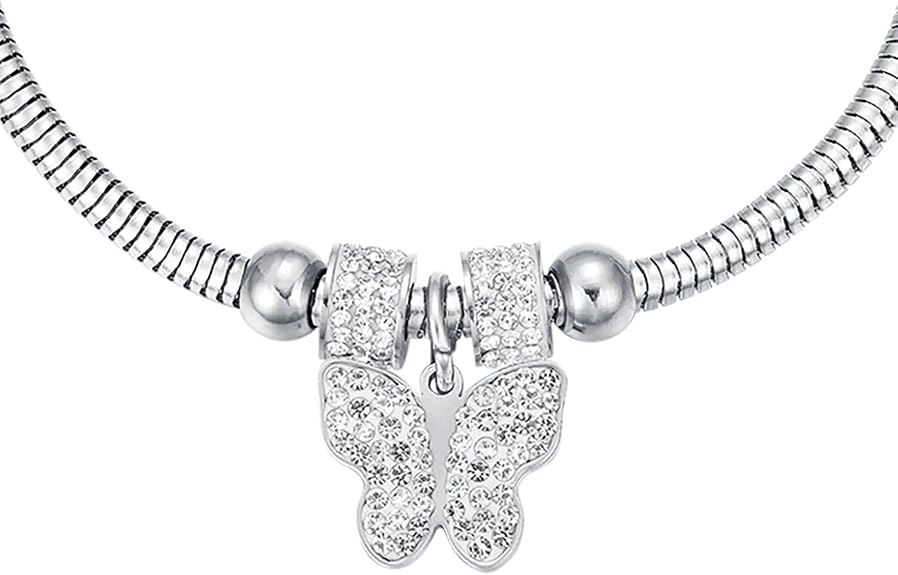 Bracciale Luca Barra Donna Acciaio Argentata Ciondolo Farfalla Cristalli _BK1936