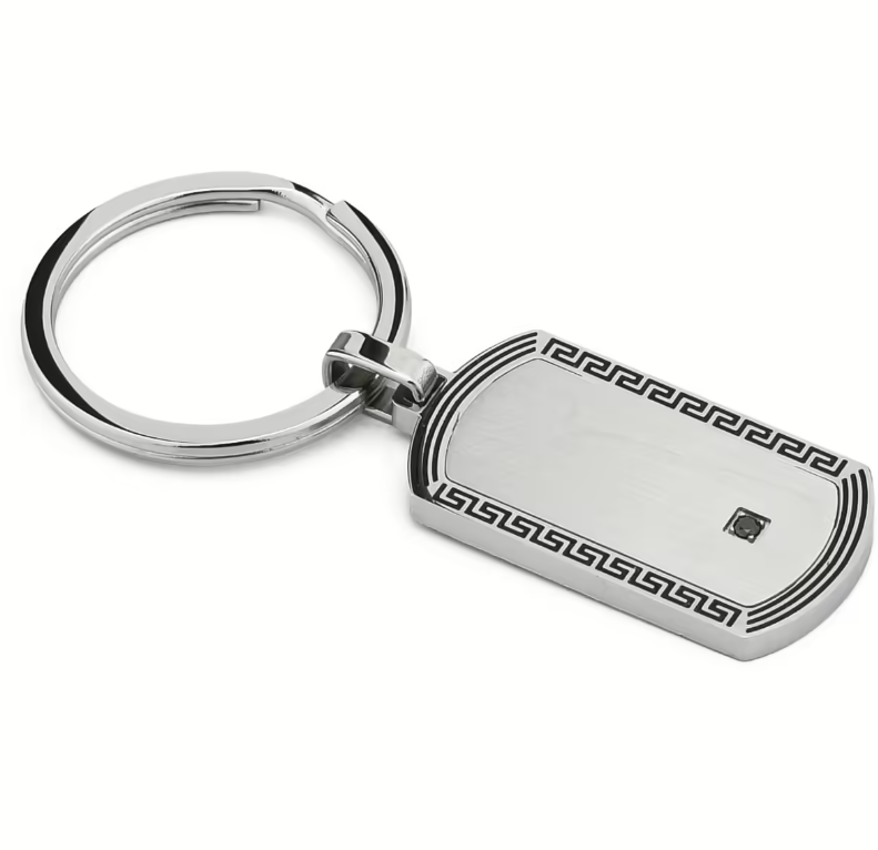 Portachiavi Boccadamo Uomo Acciaio Piastrina motivo Greco e Zircone nero _APC078