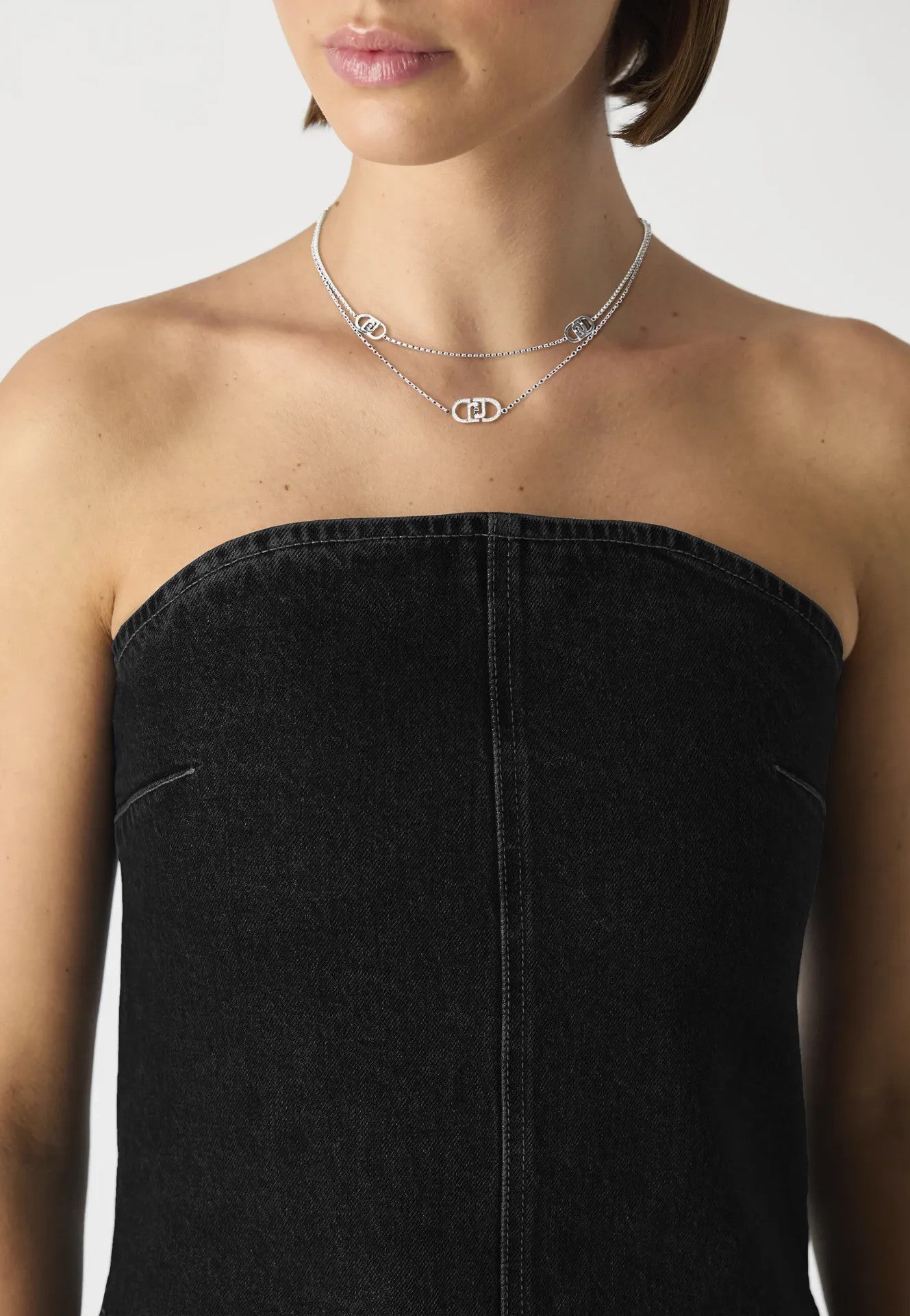 Collana Liu Jo Donna Acciaio Silver Multifilo Logo Cristalli Bianchi _LJ2902