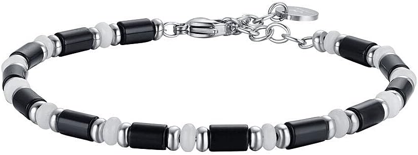 Bracciale Luca Barra Acciaio Silver Pietre Nere _BA1536