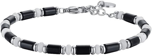 Bracciale Luca Barra Acciaio Silver Pietre Nere _BA1536