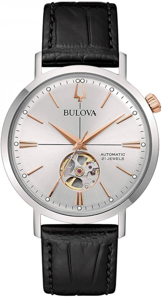 Orologio Bulova Uomo Acciaio Automatico Silver Cinturino Pelle Nero _96A289