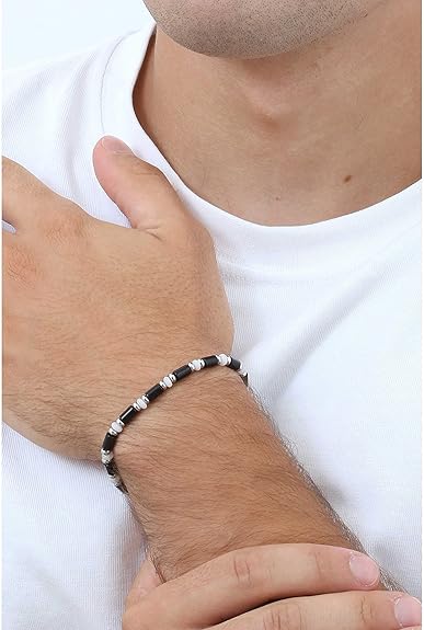 Bracciale Luca Barra Acciaio Silver Pietre Nere _BA1536