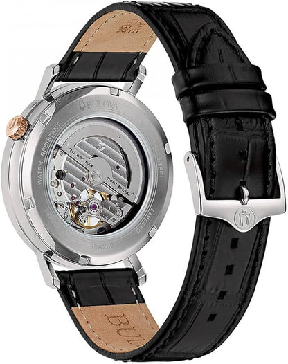 Orologio Bulova Uomo Acciaio Automatico Silver Cinturino Pelle Nero _96A289