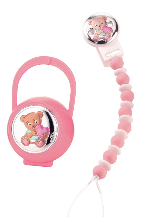 Box Porta Ciuccio e Catenella Silicone Bicolor Valenti Girl Argento Rosa _75103 RA