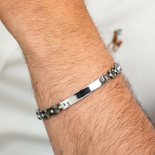 Bracciale Boccadmo Uomo Acciaio Silver Zirconi Neri Centrali _ABR760