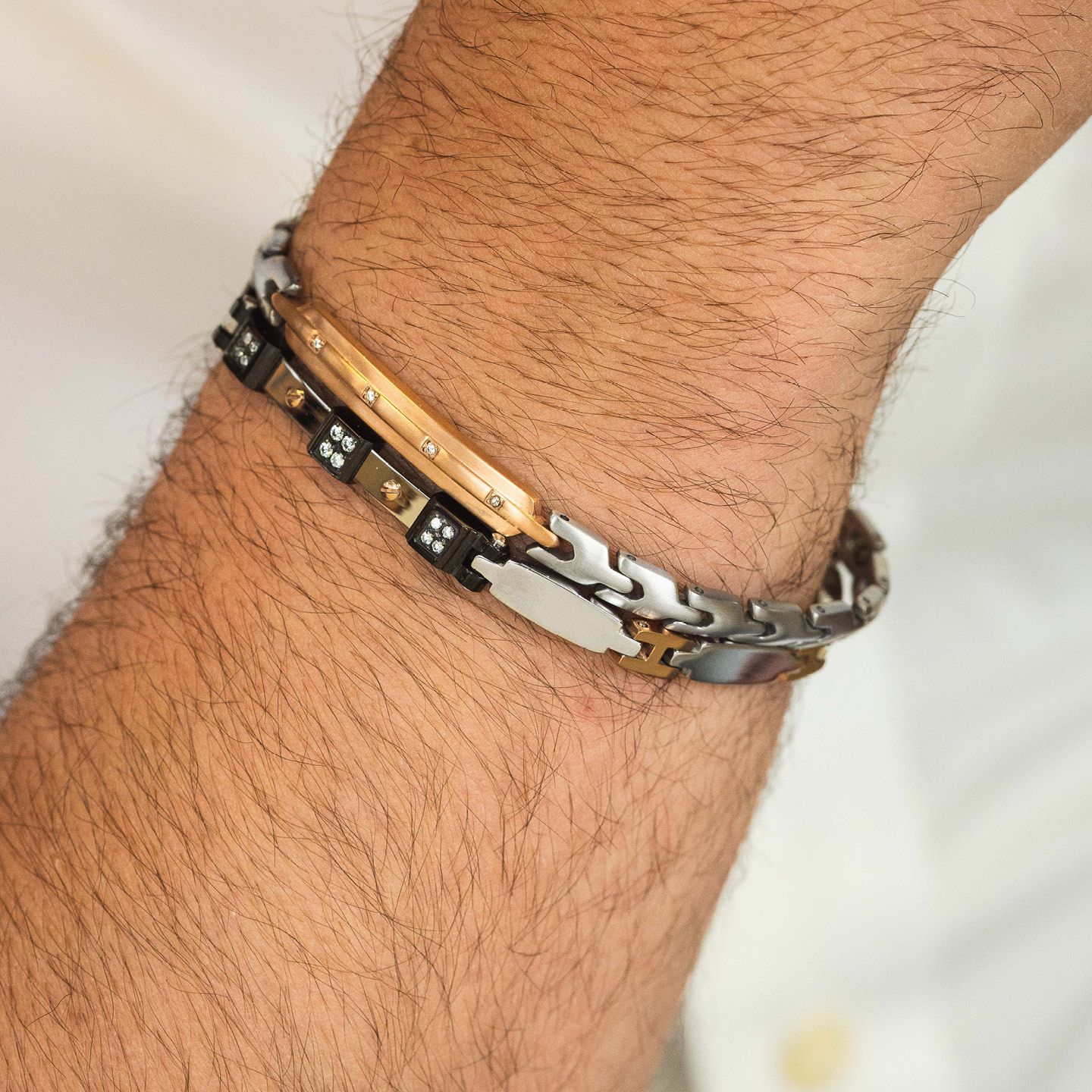 Bracciale Boccadamo Uomo Acciaio Silver E Oro Rosa Zirconi _ABR765