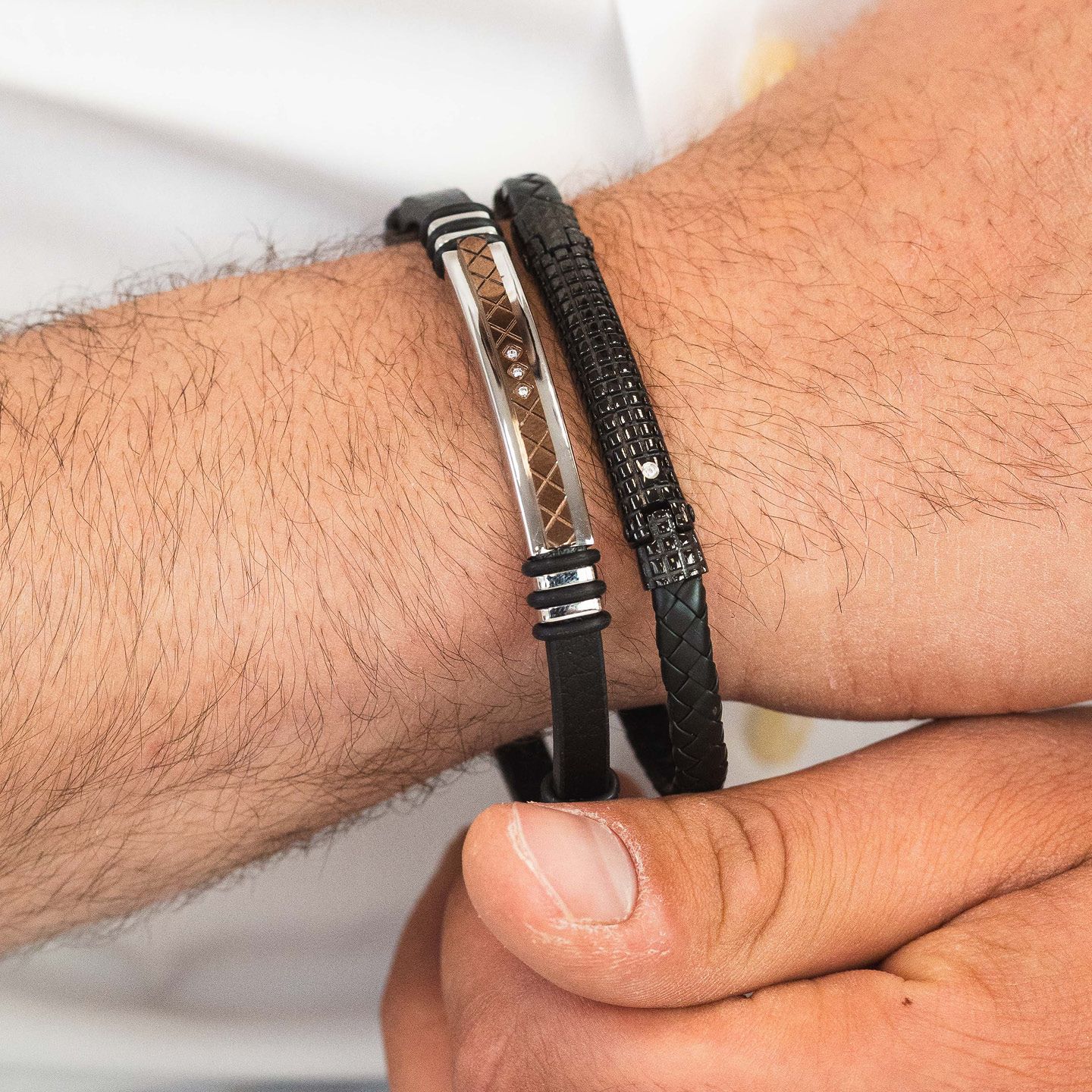 Bracciale Boccadamo Uomo Ecopelle Nera Centrale PVD Oro Rosa Zirconi _ABR771