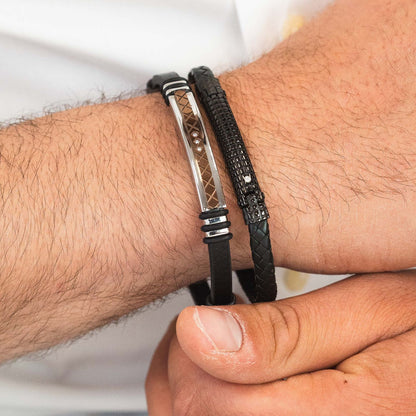 Bracciale Boccadamo Uomo Ecopelle Nera Centrale PVD Oro Rosa Zirconi _ABR771